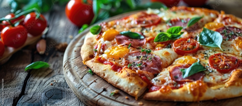 Poster delicious and fresh pizza capricciosa made of tomatoes olives cheese and ham homemade pizza capricci