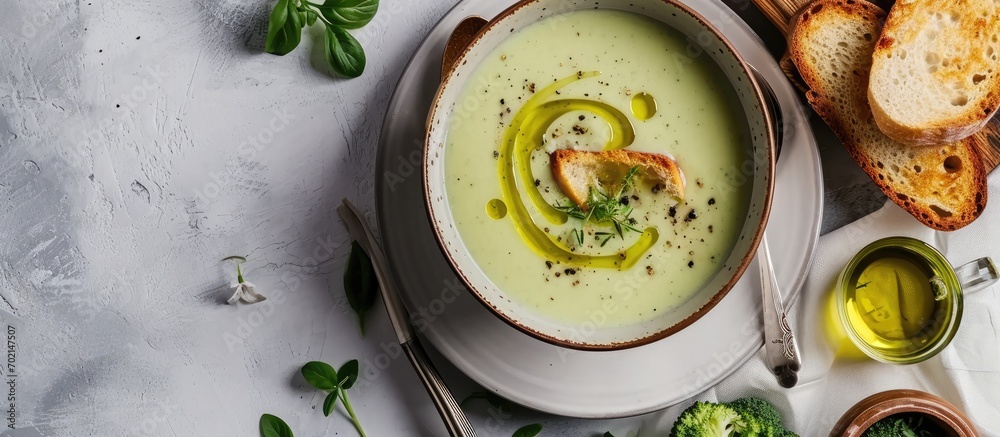 Poster Bowls of broccoli cream soup with olive oil pepper and toasted bread slices on a rustic white wooden table. with copy space image. Place for adding text or design