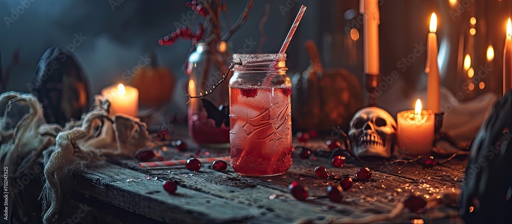 Poster Halloween table setting for drinks A glass jar with straws candles and a skull on a dark background Halloween decorations. with copy space image. Place for adding text or design