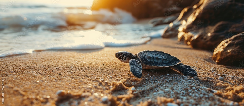 Poster Baby turtle released for first time to beach. with copy space image. Place for adding text or design