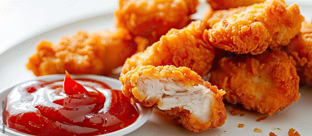 Poster Fried crispy chicken nuggets with ketchup on white board. with copy space image. Place for adding text or design