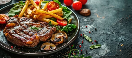 A grilled ribeye steak served with mushrooms chips french fries and a garden salad of lettuce cucumber baby carrot and capsicum. with copy space image. Place for adding text or design
