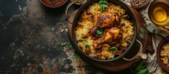 Poster Biryani with Spiced Chiken and Raisin Served on Turlish Chopper Pan with Tea. with copy space image. Place for adding text or design © vxnaghiyev