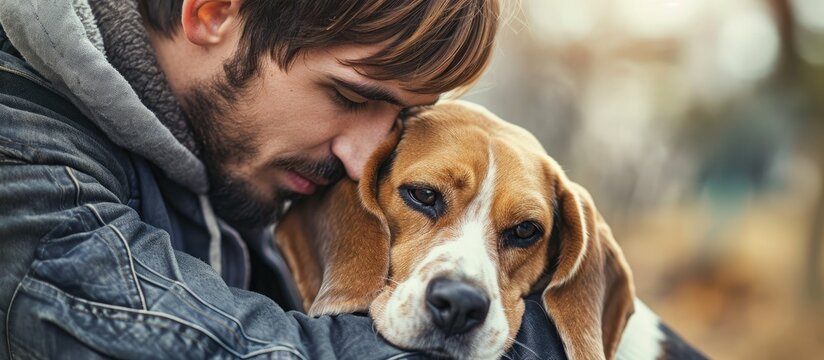 boy and faithful beagle sharing a loving embrace in a charming snapshot Picture perfect moment of a dog lover cuddling with his furry companion radiating happiness. with copy space image