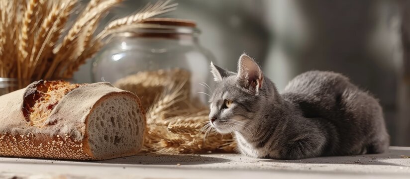 Appetizing fresh rye bread on the table and gray cat. with copy space image. Place for adding text or design