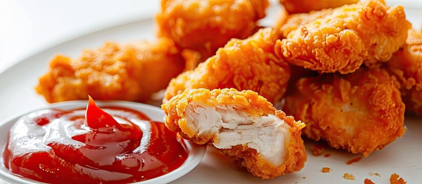 Fried crispy chicken nuggets with ketchup on white board. with copy space image. Place for adding text or design