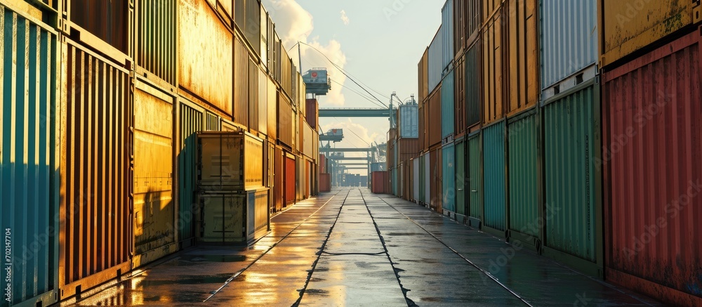 Poster Container stack Import and export perspective. with copy space image. Place for adding text or design