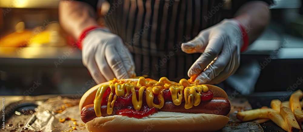 Aufkleber a guy in an apron and gloves sprinkles cheese on a hot dog hot dog cooking creating classic fast foo