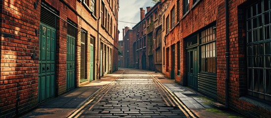 An empty street situated between two traditional red brick buildings with green shuttered windows providing a tranquil atmosphere. with copy space image. Place for adding text or design - obrazy, fototapety, plakaty