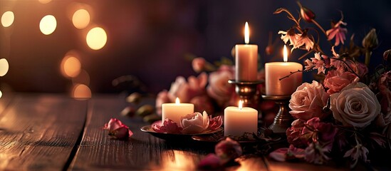 Candlelight decor near table for couple on Valentine s day Luxury romantic date Decoration flowers decor candles Location for surprise marriage proposal. with copy space image - obrazy, fototapety, plakaty