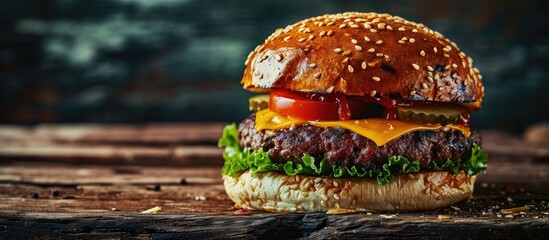 A delicious grilled Angus burger with cheese lettuce and tomato on a sesame seed bun. with copy space image. Place for adding text or design - obrazy, fototapety, plakaty