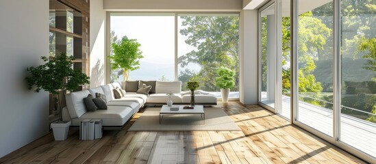 a living room with wood flooring and sliding glass doors leading to the patio area in front of the house. with copy space image. Place for adding text or design