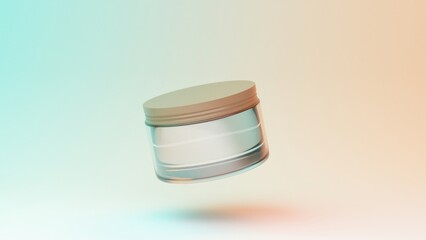 Floating cosmetic jar in 3D illustration, with a pastel mint lid, showcased against a dreamy gradient