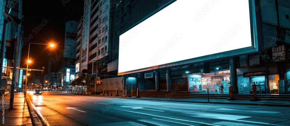 Poster advertisement billboard panel for a mockup empty template for an ad next to a street with moving car