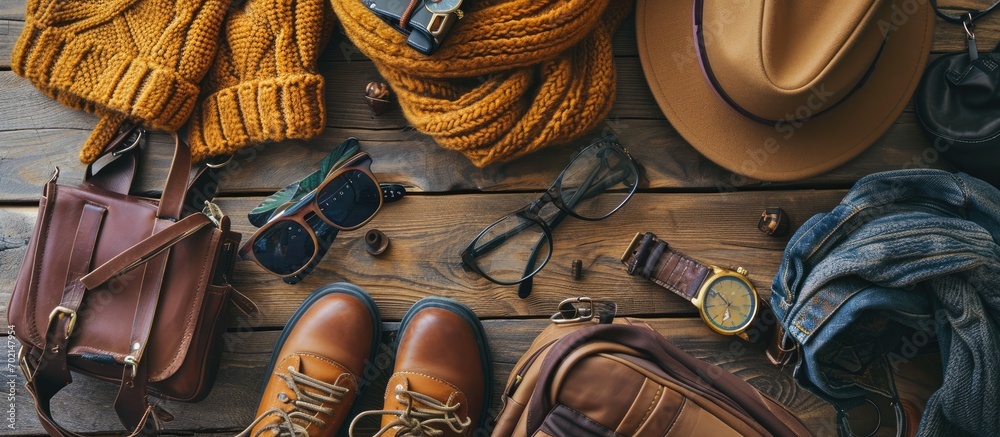 Aufkleber autumn outfit with sweater bag hat scarf and boots top view of the fall winter season outfit idea wi
