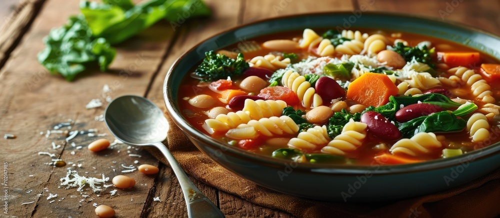 Poster bowl of minestrone soup with pasta beans and vegetables. with copy space image. place for adding tex