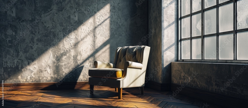 Poster armchair at big trendy room shadow and light in room. with copy space image. place for adding text o