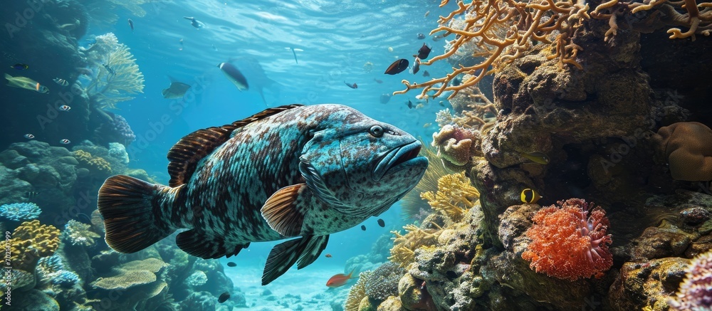 Aufkleber Coral reef in South Pacific with large grouper. with copy space image. Place for adding text or design