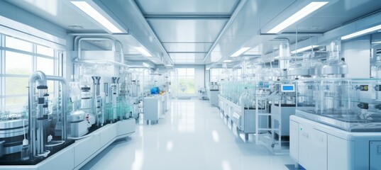 Vaccine drug testing laboratory research room interior. Generative AI technology.