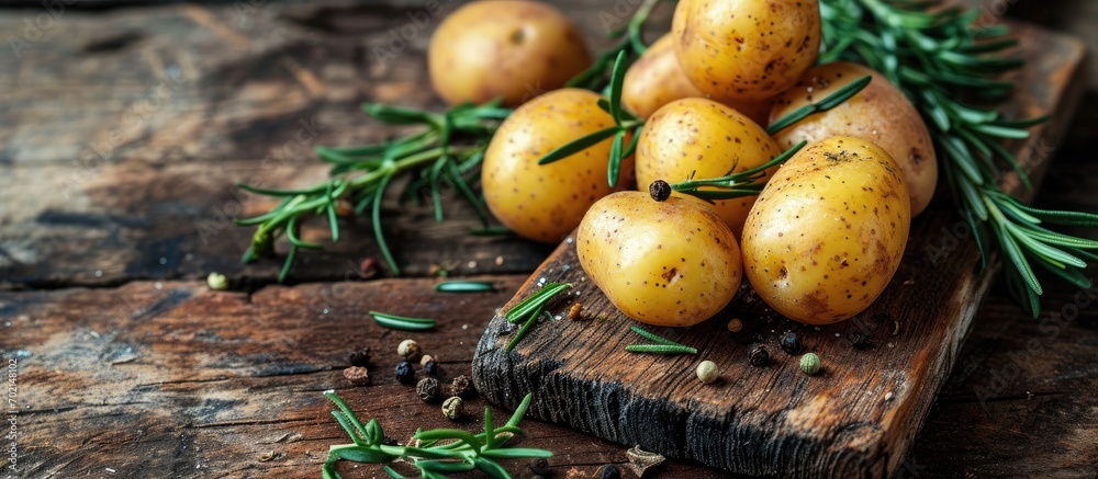 Poster bowl of rustic fried and roasted potatoes with rosemary. with copy space image. Place for adding text or design
