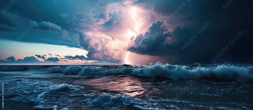 Aufkleber Bright lightning bolt strikes in the North Sea during a summer thunderstorm. with copy space image. Place for adding text or design