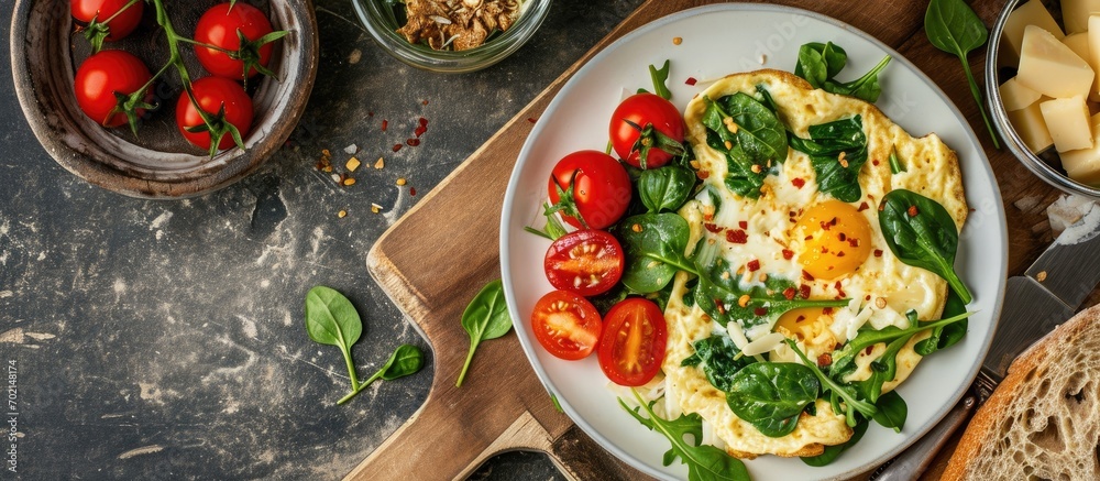 Poster a wholesome breakfast of spinach omelette cherry tomatoes grated cheese fresh veggies and whole grai