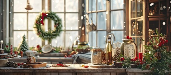 Fototapeta na wymiar Christmas Kitchen Interior Ornamented Xmas Wreath with Beautiful Bow knot Pine Tree Branch near Window with Curtains Utensil Calendar Glass Bottles with Candies and Cookies on Wooden Furniture