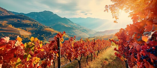 Autumn sunset in the vineyards View of rows of yellow and red vines Beautiful mountains in the...
