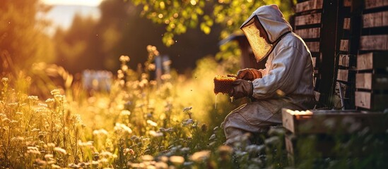 A beekeeper in a protective suit and gloves holds honey frames with honeycombs in his hands Eco apiary in nature Beekeeping Wooden beehives with bees Production and pumping of fresh honey - obrazy, fototapety, plakaty