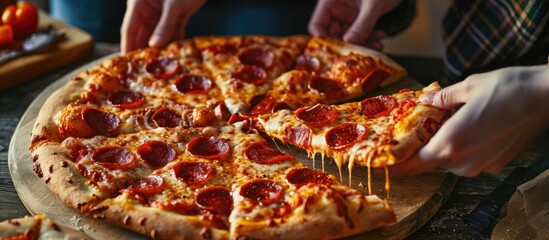 Eating Food Close up Of People Hands Taking Slices Of Pepperoni Pizza Group Of Friends Sharing Pizza Together Fast Food Friendship Leisure Lifestyle. with copy space image