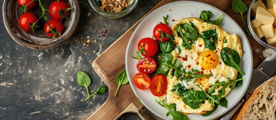 A wholesome breakfast of spinach omelette cherry tomatoes grated cheese fresh veggies and whole grain bread. with copy space image. Place for adding text or design
