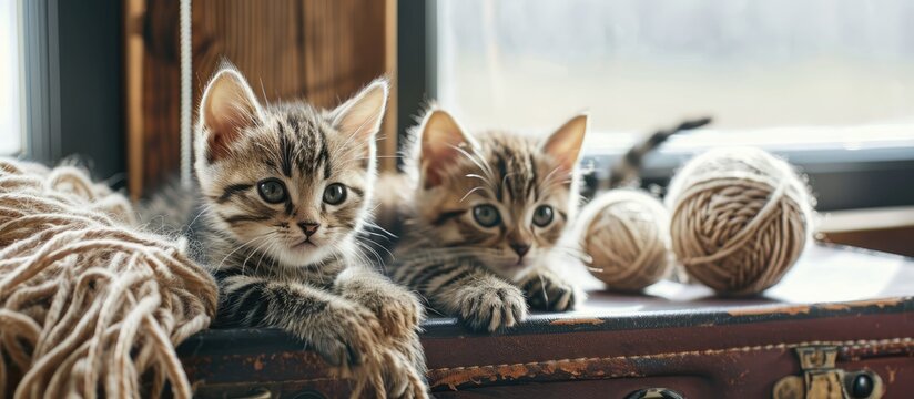Group of cute striped kittens basking on a suitcase with balls of yarn near the window. with copy space image. Place for adding text or design