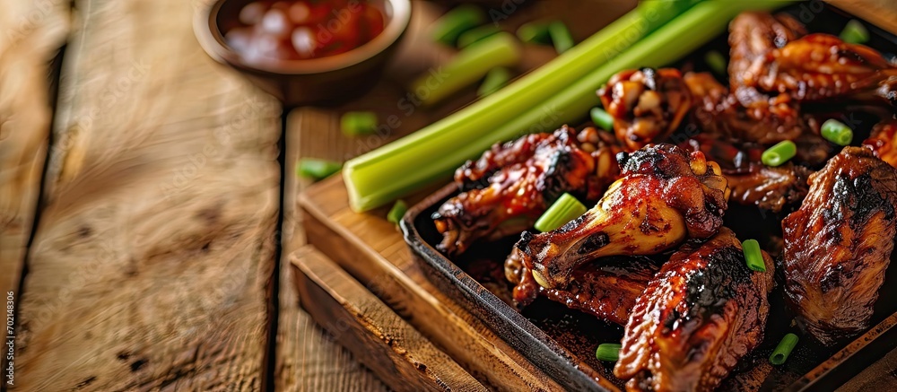 Aufkleber crispy barbecue chicken wings with celery on wooden serving tray. with copy space image. Place for adding text or design
