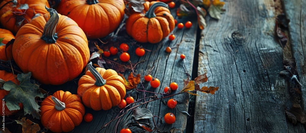 Poster Autumn and Thanksgiving table decoration with orange mini pumpkins. with copy space image. Place for adding text or design