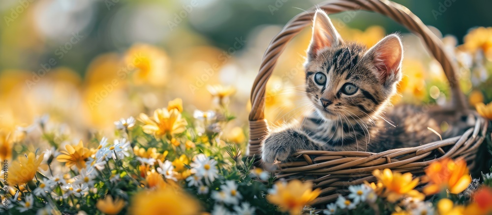 Poster cute little kitten sitting in a basket on the floral lawn. with copy space image. place for adding t