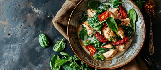 Chicken fillet with spinach and sun dried tomatoes in coconut milk Healthy food. with copy space image. Place for adding text or design