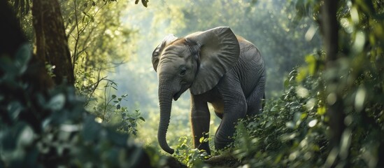 Baby elephant watching from the safety of the trees. with copy space image. Place for adding text or design - obrazy, fototapety, plakaty