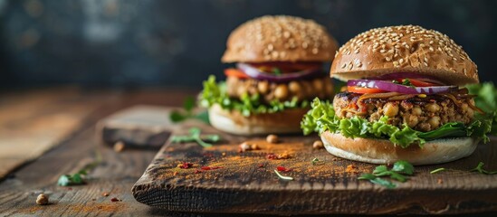 Delicious Mexican vegan burger with chickpeas onion lettuce and spicy chili sauce. with copy space image. Place for adding text or design - obrazy, fototapety, plakaty