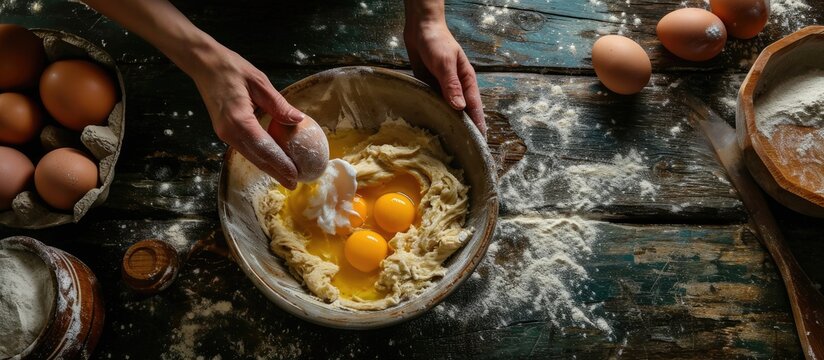 Close up woman hands break chicken eggs in a mixer bowl in the kitchen Cooking dough. with copy space image. Place for adding text or design
