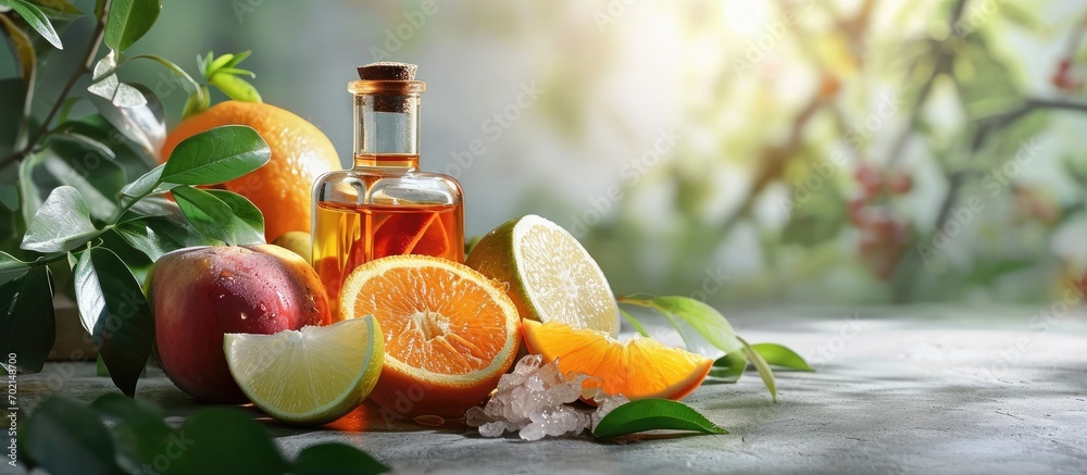 Poster grapefruit essential oil fruit slices aroma oil apothecary bottle. with copy space image. place for 