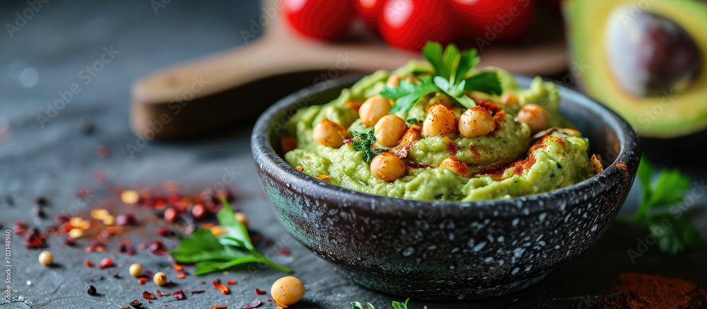 Poster avocado hummus in a gray bowl healthy eating vegetarian food. with copy space image. place for addin