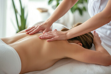 Obraz na płótnie Canvas Young woman receiving back massage in spa salon. Beauty treatment concept.