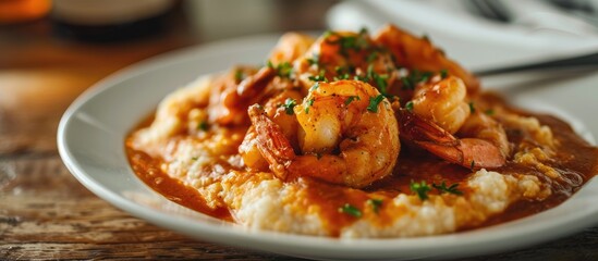 A pan of delicious fresh homemade cajun style shrimp and grits with cheddar biscuit. with copy space image. Place for adding text or design - obrazy, fototapety, plakaty
