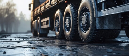 Big Semi Trailer Truck Wheels Tires Rubber Wheel Tyres Freight Trucks Transport Logistics. with copy space image. Place for adding text or design - obrazy, fototapety, plakaty