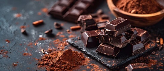 Different pieces of dark chocolate and cocoa powder on a dark surface. with copy space image. Place...