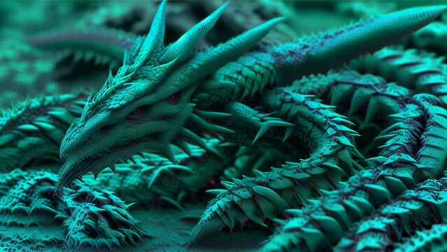 A dynamically coiling dragon with vivid blue scales.
