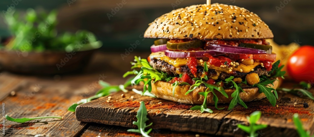Poster delicious mexican vegan burger with chickpeas onion lettuce and spicy chili sauce. with copy space i