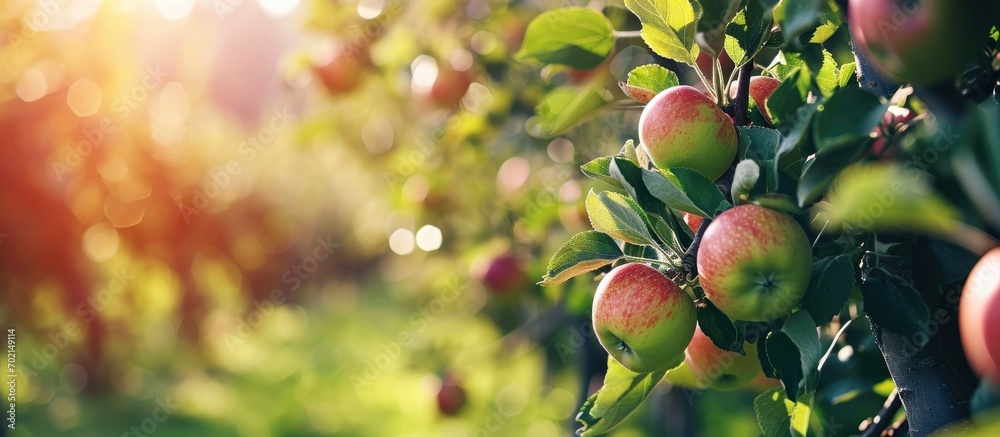 Poster Apple orchard with an unripe harvest of green apples apple orchard with a harvest of apple fruits in the summer. with copy space image. Place for adding text or design