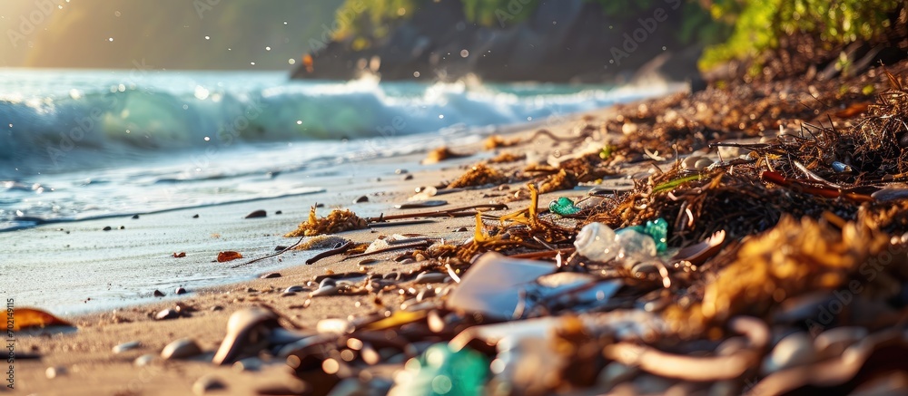 Poster beach pollution plastic and waste from ocean on the beach pollution on the beach of tropical sea was