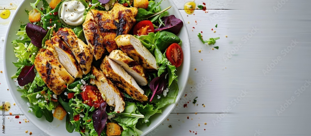 Aufkleber a delicious chicken caesar salad with parmesan cheese dressing and croutons. with copy space image. 